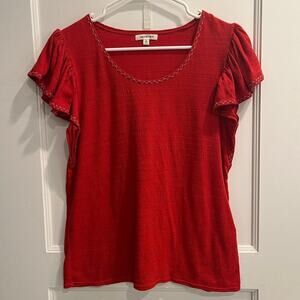 Max Studio Size Small S Red Flutter Sleeve Embroidered Stitched Details Top